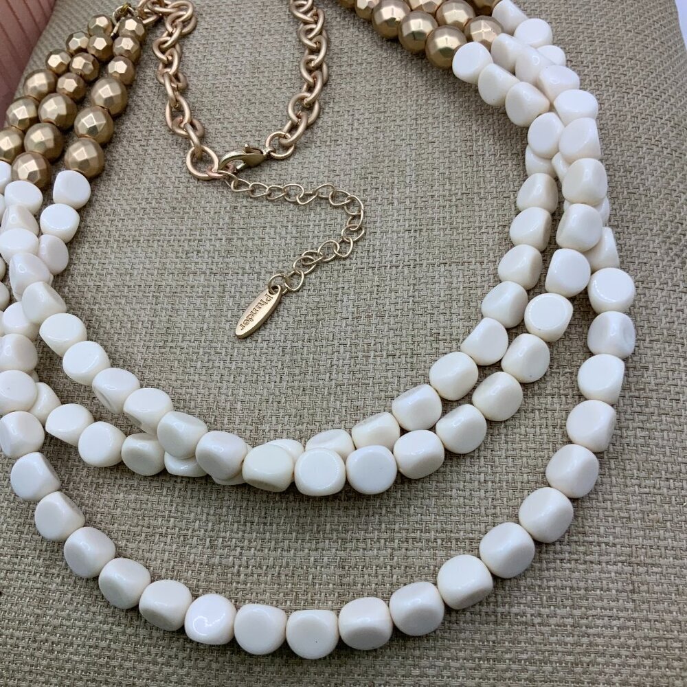 Plunder Design Triple Strands Off White Gold Tone Beaded Necklace